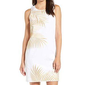 Tommy Bahama Women's Palm White and Gold Dress Sz LG, Embroidered, pockets, EUC